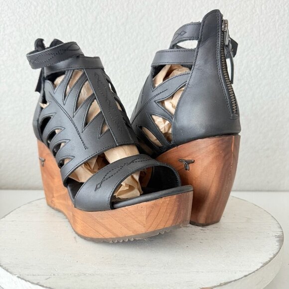 Lane Boots BECCA Womens Black Wedges Sz 9.5 Western Sandals Cowgirl Leather - Picture 1 of 12